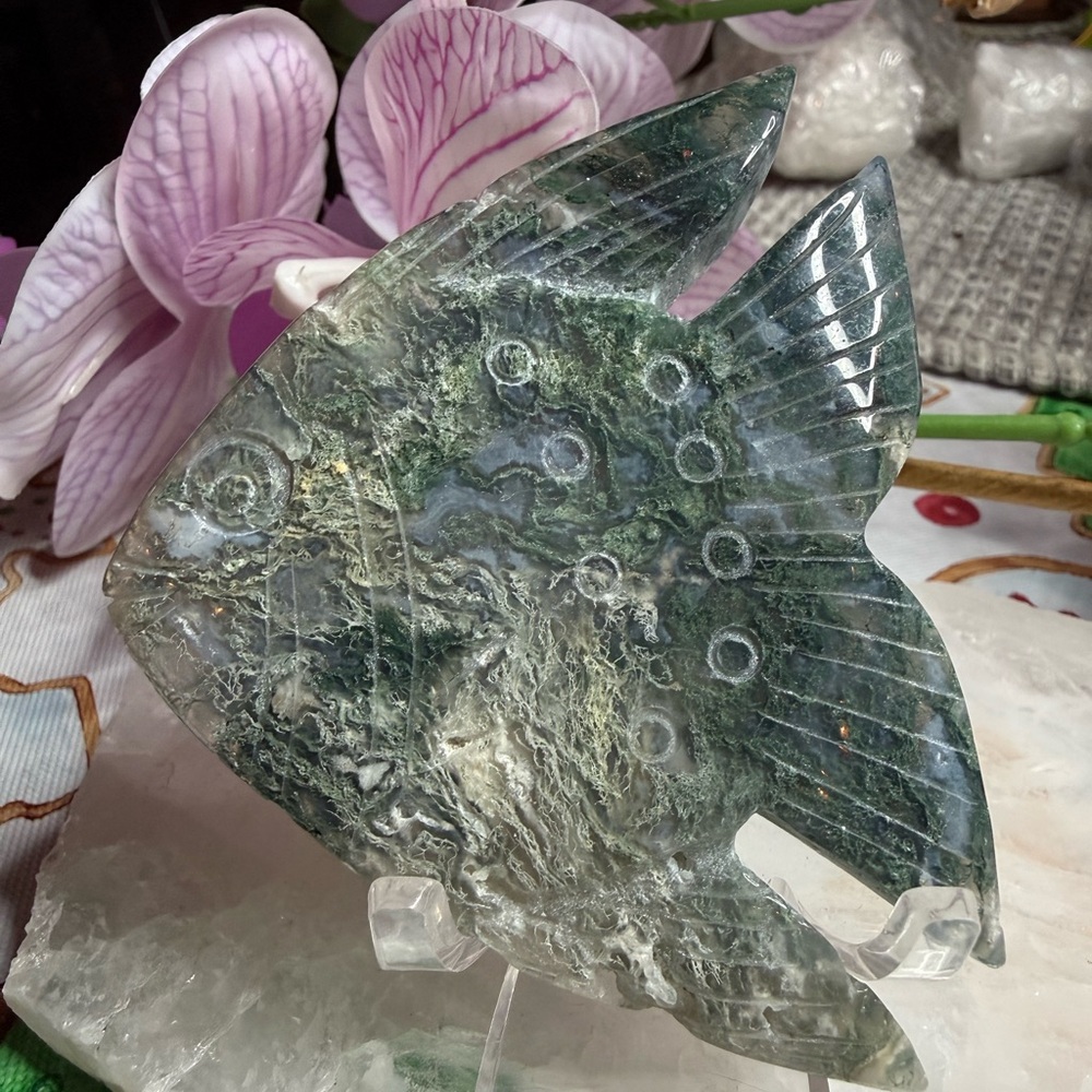 Moss Agate Fish Carving